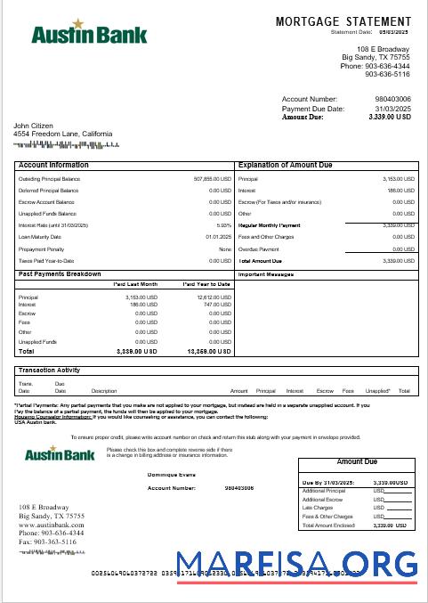 Blank USA Austin bank mortgage statement in Word and PDF formats example